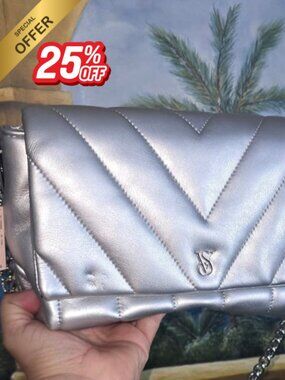 Victoria’s Secret Metallic Silver Quilted Crossbody Bag Medium Chain Strap NWT